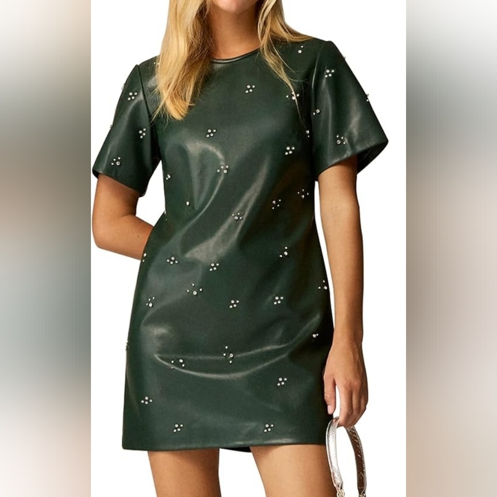 Rhinestone Forest Green Faux Leather Dress - Size L